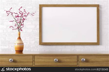 Blank wooden frame above dresser with flower vase interior decoration background 3d rendering