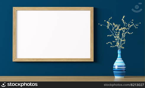 Blank wooden frame above shelf with flower vase over blue wall interior decoration background 3d rendering