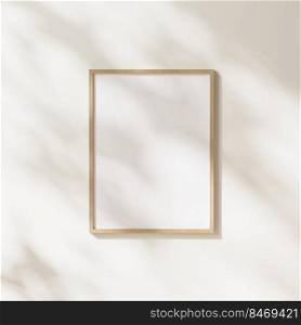 blank wooden frame mock up with leaves shadows and sunlight on white wall background, 3d rendering