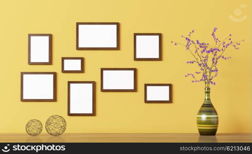 Blank wooden frames above shelf with flower vase over yellow wall interior decoration background 3d rendering