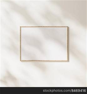 blank wooden horizontal frame mock up with leaves shadows and sunlight on white wall background, 3d rendering