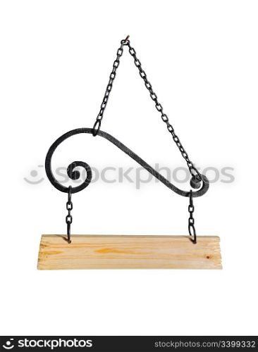 blank wooden sign hanging on a chain. isolated on white. with clipping path.