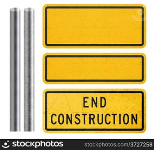 Blank Yellow Sign and end construction sign with metal bar, isolated in white (with clipping work path)