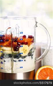 Blender with fruit and yogurt. Closeup of healthy smoothie ingredients in blender with fresh fruit