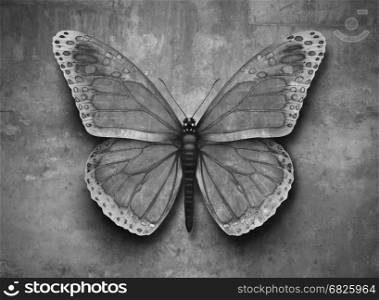 Blending in concept or conformig to surroundings and adapting to new environment as a butterfly on a wall with camouflage texture to hide from predators with 3D illusrtration elements.