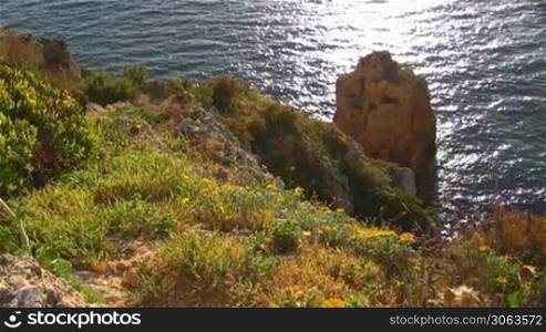 Blick auf Felsengebilde / Stein im blauen Meer von einem mit bunten Blumen / Gras bewachsenen Felsen; die Sonne glitzert / spiegelt sich im Wasser. Kuste der Algarve, Portugal.