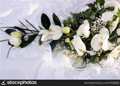 Blide hold the bouquet from orchids