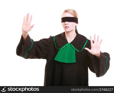 Blind justice. Woman lawyer attorney wearing classic polish (Poland) black green gown covering eyes with blindfold isolated on white
