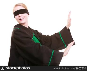 Blind justice. Woman lawyer attorney wearing classic polish (Poland) black green gown covering eyes with blindfold isolated on white