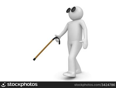Blind man with walking stick (3d characters isolated on white background, medicine series)