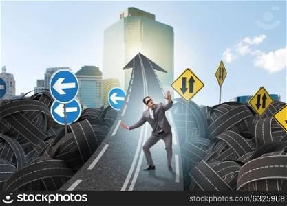 Blindfold businessman on the road unsure