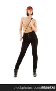 blindfold lady with riding crop over white