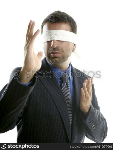 Blindfolded businessman over white background, defense martial arts