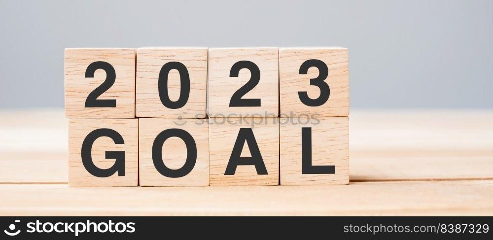 block 2023 GOAL text on table. Resolution, strategy, plan, motivation, reboot, business and New Year holiday concepts