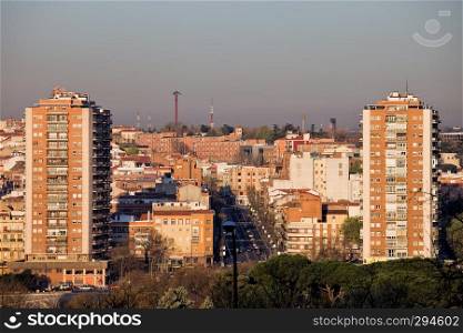 Block of flats and apartment buildings in the city of Madrid, Spain.