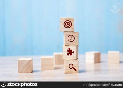 block with business strategy icon on table background. Business Growth, strategy, success, vision, cooperation and Mission Concepts