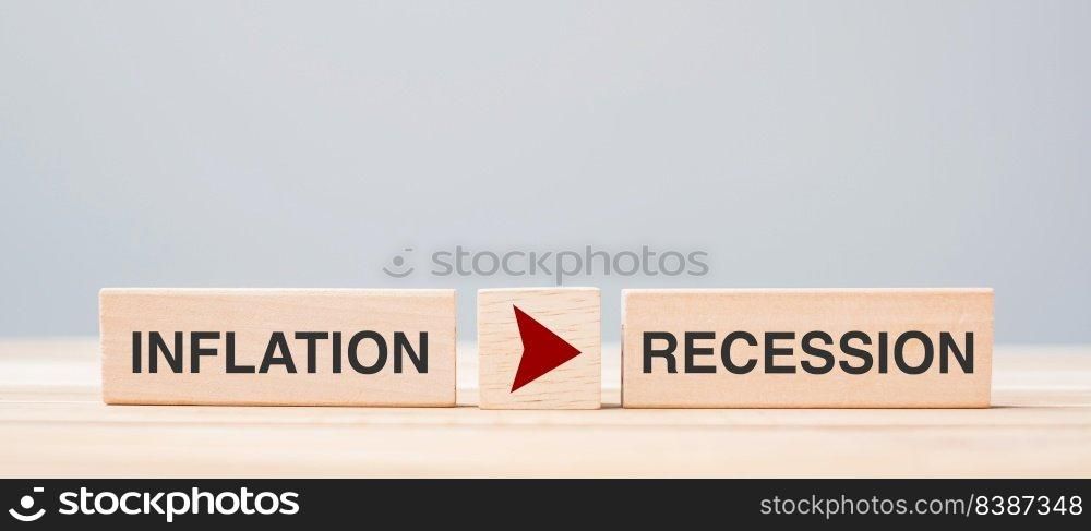 block with INFLATION change to RECESSION text. Interest rate, Economy, stocks, financial, mortgage, Crisis and Cut loss concept