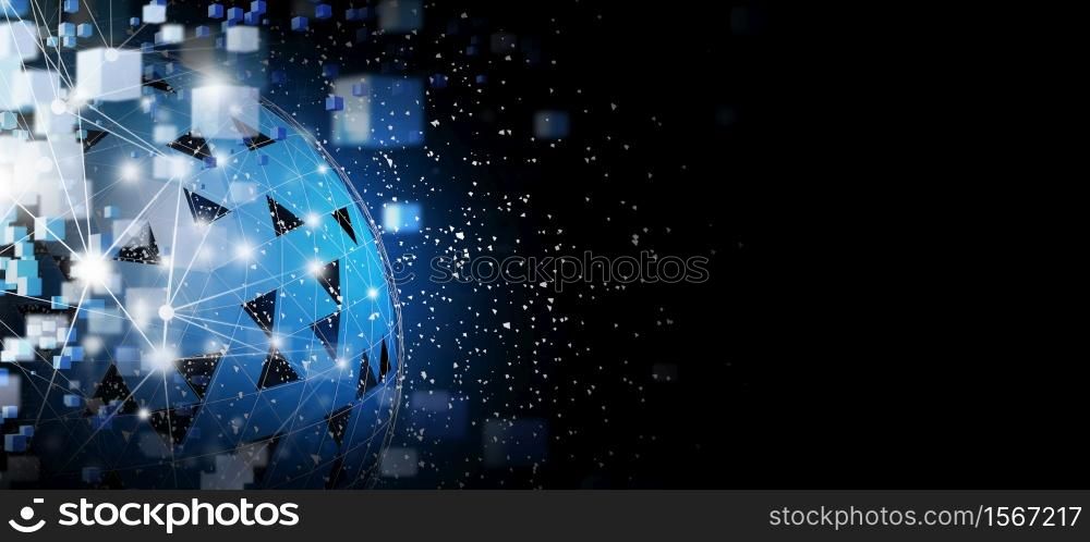 Blockchain technology and global network connection background design with copy space 3d render