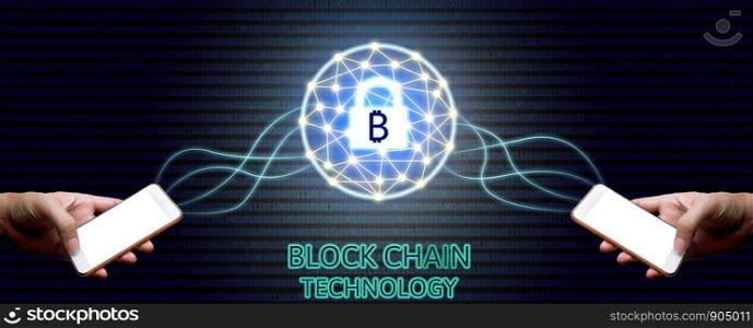 Blockchain technology concept, Two businessman holding smartphone and virtual system diagram bitcoin protection and binary background.