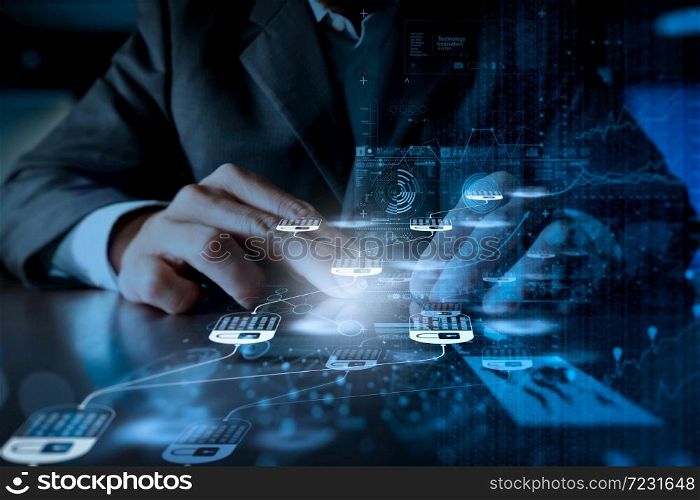 Blockchain technology concept with diagram of chain and encrypted blocks. Businessman hand using mobile phone with digital layer effect as business strategy concept