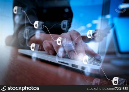 Blockchain technology concept with diagram of chain and encrypted blocks. Double exposure of businessman hand working with new modern computer and business strategy as concept