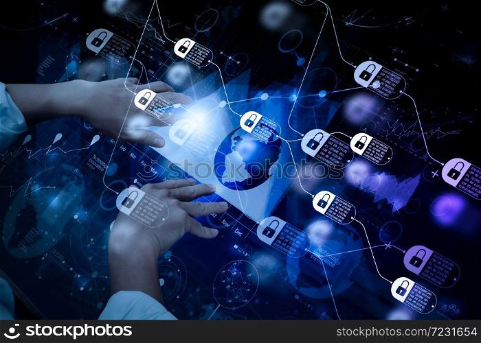 Blockchain technology concept with diagram of chain and encrypted blocks. top view of businessman hand working with modern technology and digital layer effect as business strategy concept