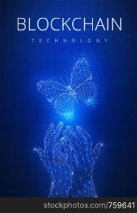 Blockchain technology futuristic hud background with glowing polygon butterfly, hands, blockchain peer to peer network and title blockchain. Global cryptocurrency business and finance concept.. Blockchain technology futuristic hud banner.