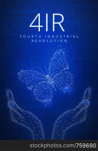 Blockchain technology futuristic hud background with glowing polygon butterfly, hands, blockchain peer to peer network and title Fourth industrial revolution. Industrial revolution finance concept.. Fourth industrial revolution blockchain technology futuristic hu