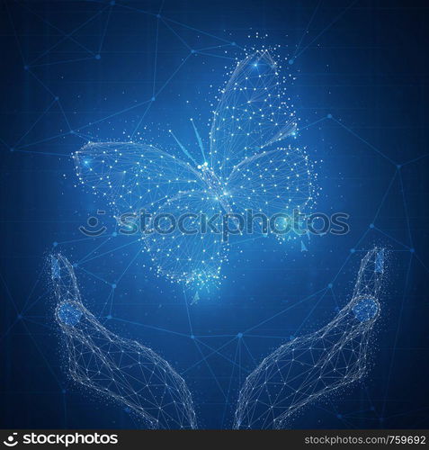 Blockchain technology futuristic hud background with glowing polygon butterfly in wide open hands and blockchain peer to peer network. Global cryptocurrency low poly business and finance concept.. Blockchain technology futuristic hud banner with butterfly in op