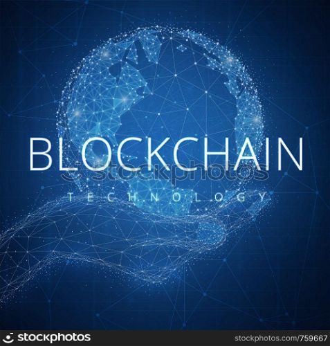 Blockchain technology futuristic hud background with glowing polygon world globe in a hand, blockchain peer to peer network and title blockchain. Global cryptocurrency business finance banner concept.. Blockchain technology futuristic hud banner with globe in a hand