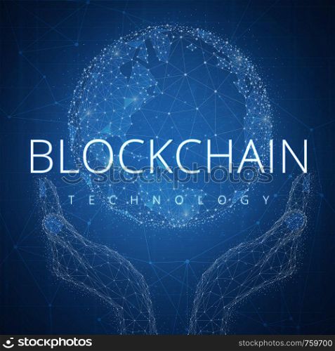 Blockchain technology futuristic hud background with glowing polygon world globe in hands, blockchain peer to peer network and title blockchain. Global cryptocurrency business finance banner concept.. Blockchain technology futuristic hud banner with globe in hands.