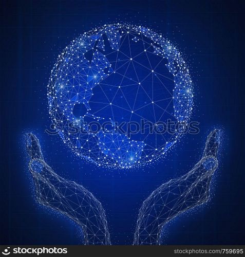 Blockchain technology futuristic hud background with glowing world globe in open hands and blockchain peer to peer network. Global cryptocurrency business and finance banner concept. Low poly design.. Blockchain technology futuristic hud banner with globe in hands.