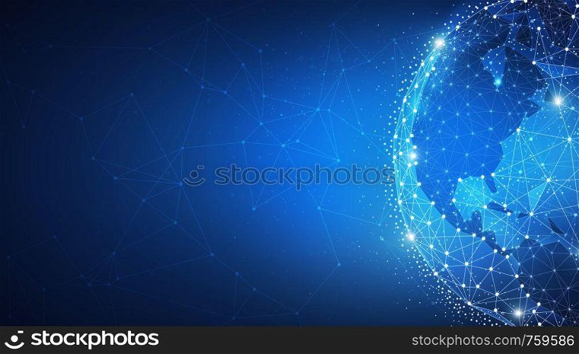 Blockchain technology futuristic hud background with world globe and blockchain polygon peer to peer network. Global cryptocurrency fintech business banner concept. Low poly design. Horizontal layout.. Blockchain technology futuristic hud banner with world globe.