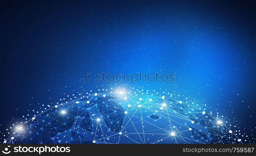 Blockchain technology futuristic hud background with world globe and blockchain polygon peer to peer network. Global cryptocurrency fintech business and finance banner concept. Low poly design.. Blockchain technology futuristic hud banner with globe.