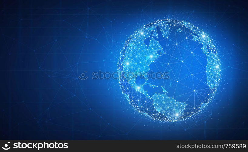Blockchain technology futuristic hud background with world globe and blockchain polygon peer to peer network. Global cryptocurrency fintech business banner concept.. Blockchain technology futuristic hud banner.