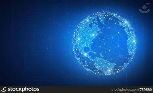 Blockchain technology futuristic hud background with world globe and blockchain polygon peer to peer network. Global cryptocurrency fintech business banner concept.. Blockchain technology futuristic hud banner.