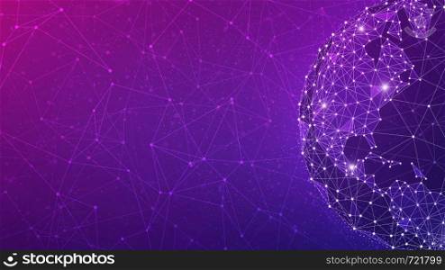 Blockchain technology futuristic hud ultraviolet background with world globe and blockchain polygon peer to peer network. Global cryptocurrency block chain violet business banner concept - copy space.. Blockchain technology futuristic hud ultraviolet banner.