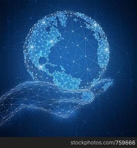 Blockchain technology futuristic low poly hud background with glowing polygon world globe in a hand and blockchain peer to peer network. Global cryptocurrency business and finance banner concept.. Blockchain technology futuristic hud banner with globe in a hand