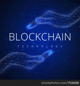 Blockchain technology on futuristic hud background with glowing polygon hands and blockchain slogan peer to peer network. Global cryptocurrency blockchain business banner concept.. Blockchain technology futuristic hud banner.