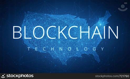 Blockchain technology wording on futuristic hud background with polygon USA country map and blockchain peer to peer network. Network, e-business and cryptocurrency blockchain business banner concept.. Blockchain technology hud banner with USA map.