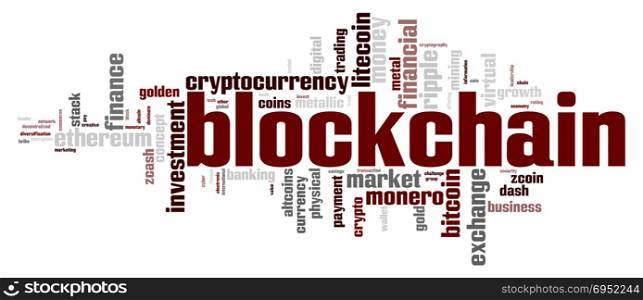 Blockchain word cloud concept on white background, 3d rendering.
