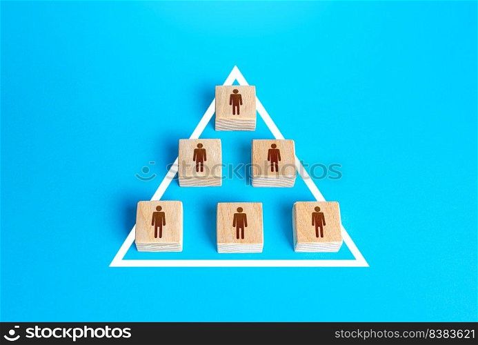 Blocks of people figurine are united into one structure organization. Combining efforts to achieve goal. Business team formation. Political Party. Cooperation of a society without a leader. Autonomy