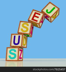Blocks Spelling Risks Falling Over As Symbol for Danger Or Chance. Jesus Blocks Meaning Christianity Faith And Saviour