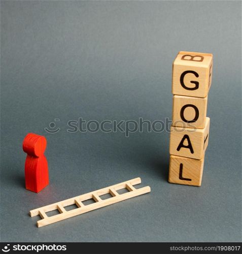 Blocks tower with word Goal and a man figurine with a fallen ladder. Tools and tactics objective achievement, puzzle solving. Finding solutions in a situation. Achieving success and solving a problem.