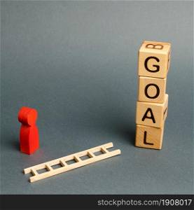 Blocks tower with word Goal and a man figurine with a fallen ladder. Tools and tactics objective achievement, puzzle solving. Finding solutions in a situation. Achieving success and solving a problem.