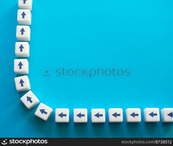 Blocks with chain arrows on a blue background. Moving forward, step by step. New opportunities. Strategic planning. Motivation, self-development. Set course, make your way. Copy space, place for text