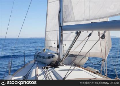 Blocks with rope on sailing boat in the sea&#xA;