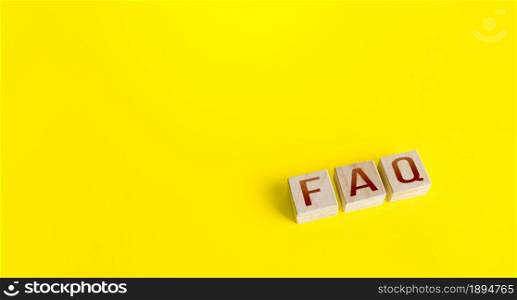 Blocks with the word abbreviation FAQ (frequently asked questions) on a yellow background. Answers explanations for users and customers. Instructions and rules. Guide and navigation. Tips and comments