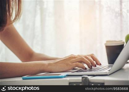 Blogger Woman hands typing laptop keyboard. Close up women hands using laptop social network person. Freelance girl work from home via internet call conference sitting at home office morning time