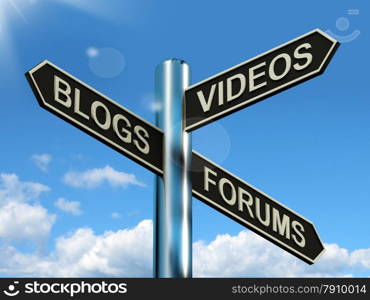 Blogs Videos Forums Signpost Showing Online Social Media . Blogs Videos Forums Signpost Shows Online Social Media